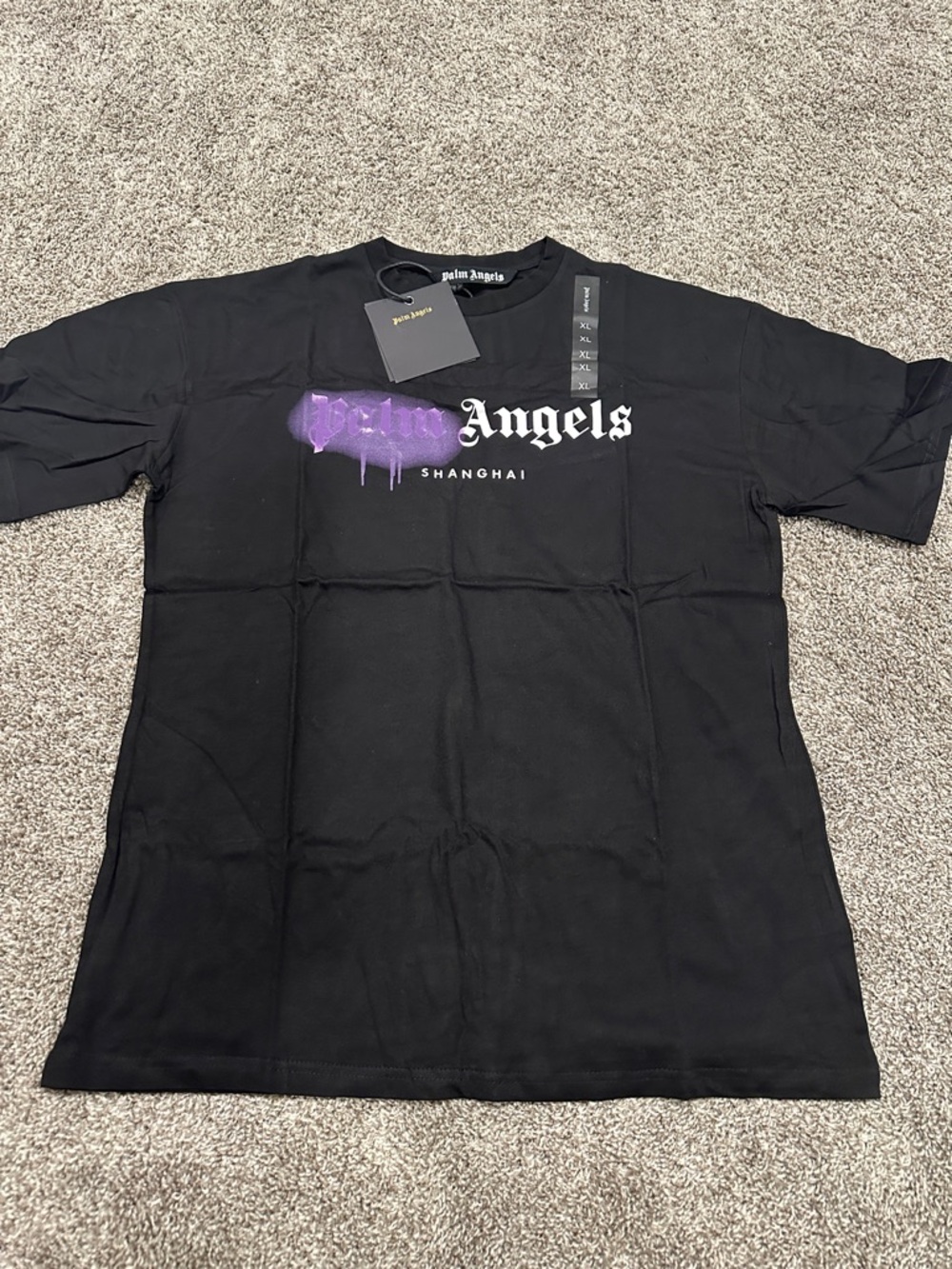 Palm Angels Black Short-Sleeve Tee with Purple Drip Logo